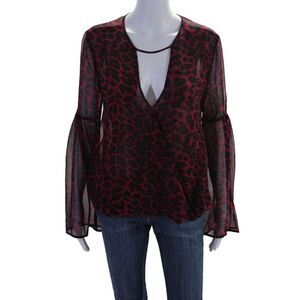 Ella Moss Womens Long Sleeve Leopard Print V Neck Blouse Pink Size M